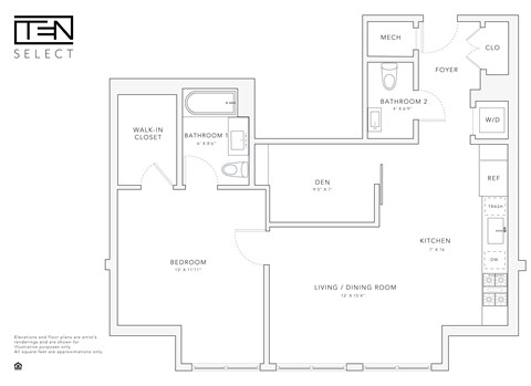 Floor plan for 1 bed, 1.5 baths, 877 sqft
